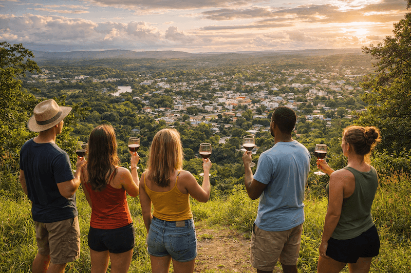 A group of five people stands on a hillside, holding glasses while overlooking a sunset-lit town below.