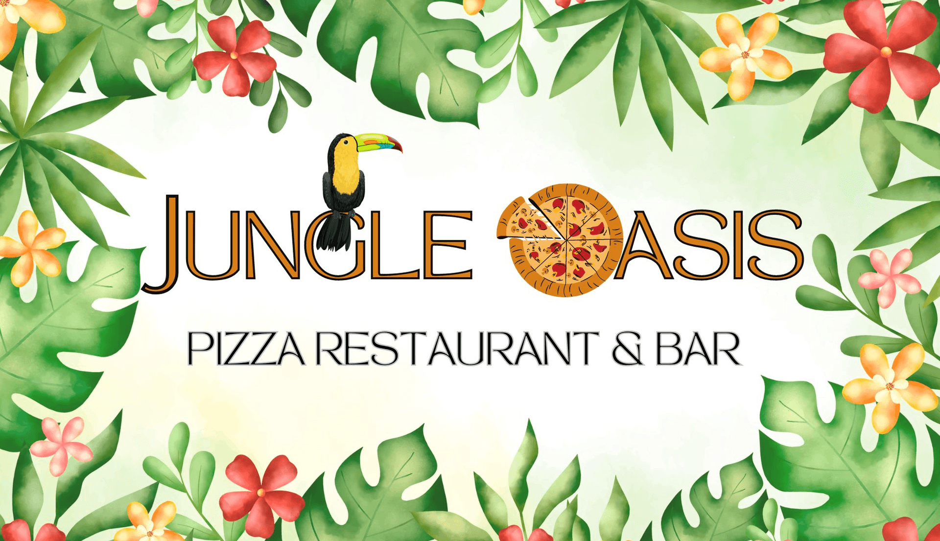 Logo of "Jungle Oasis," a pizza restaurant and bar, surrounded by tropical leaves and flowers.