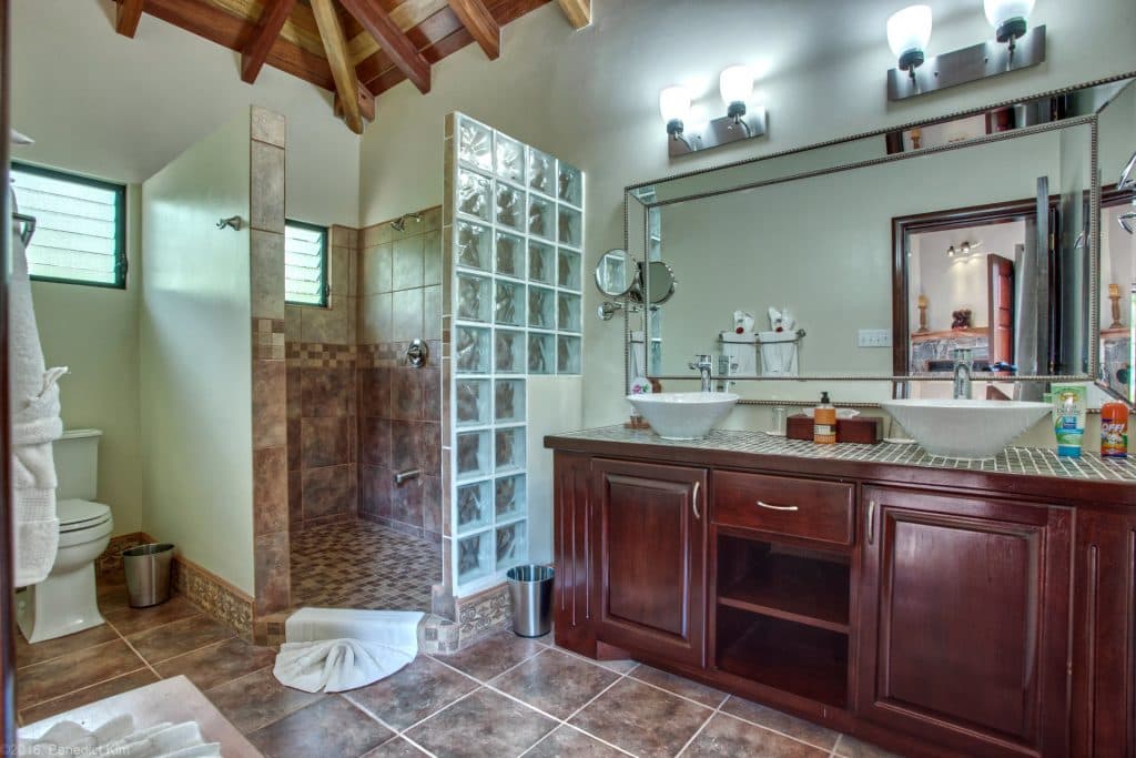 Stylish bathroom featuring a glass shower, wooden cabinetry, and natural light.