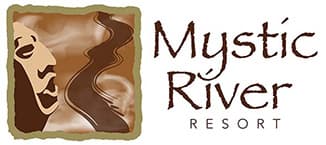 Logo of Mystic River Resort featuring stylized artwork and text.