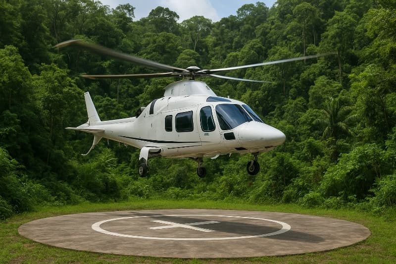 A white helicopter hovers above a circular helipad surrounded by dense green forest.